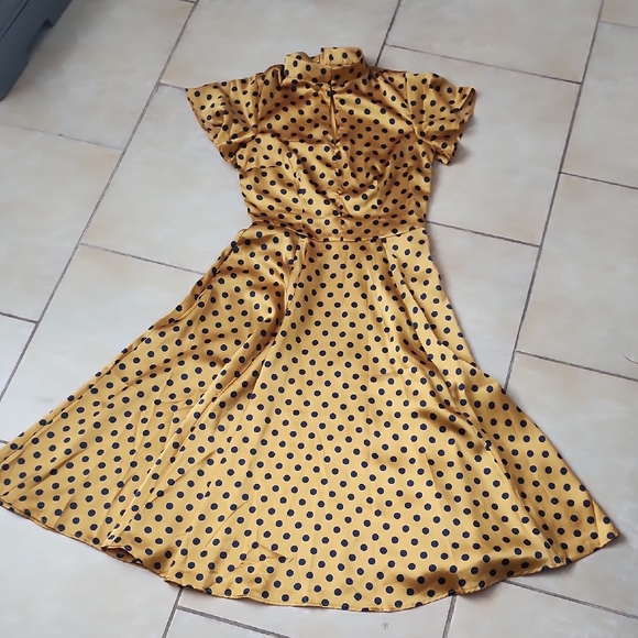 Unique Vintage Dresses & Skirts - Unique Vintage Mustard Polka Dot Midi Dress Size 4. New No Tags
